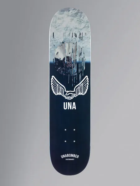Unabomber No Apollo Series - Docking skateboard deck: Top half shows a grey-blue space photograph of a spacecraft docking above cloud, fragmenting into glitchy slices; lower half is dark navy with a white winged handshake emblem above 'UNA' and the brand name at the tail.