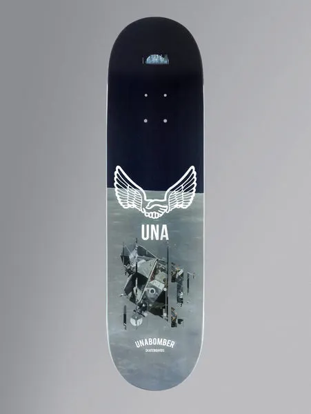 Unabomber No Apollo Series - Everyone Ever skateboard deck: Top half dark navy sky, lower half grey lunar surface with a photograph of a lunar module. A white winged handshake emblem and 'UNA' sit at the horizon, with the brand name at the tail.