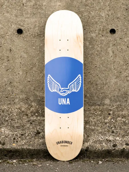 Unabomber Spot - Cobalt Blue skateboard deck: Natural maple deck with a large cobalt-blue circle containing a white outline of two wings joined by a handshake, with UNA beneath. Unabomber Skateboards text sits at the tail.