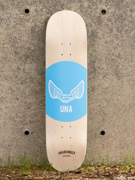 Unabomber Spot - Dusk Blue skateboard deck: Natural maple deck with a large light blue circle holding a white outlined pair of wings joined by a handshake, with UNA beneath. Unabomber Skateboards wordmark sits near the tail.