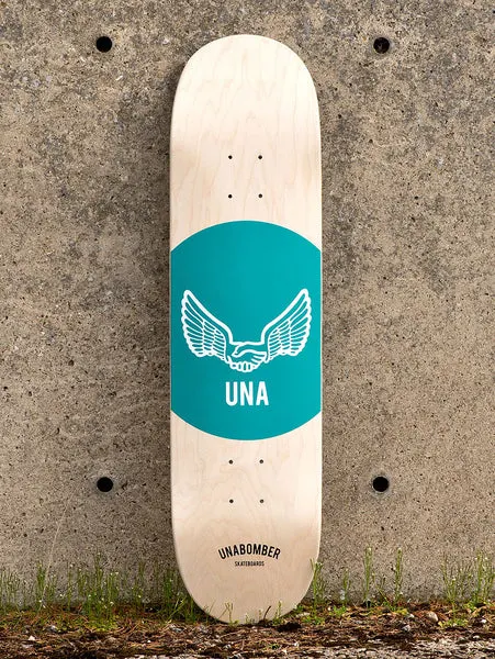 Unabomber Spot - Seafoam skateboard deck: Natural maple deck with a large seafoam green circle holding a white winged handshake emblem above the letters UNA. Unabomber Skateboards logo near the tail.