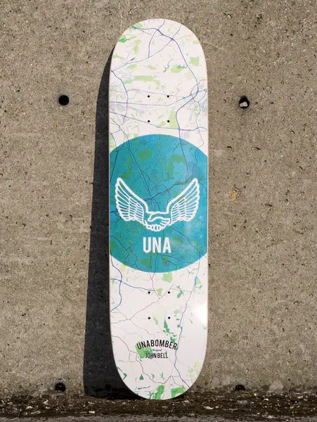 Unabomber John Bell Map skateboard deck: Light street map of Stockport in pale blue and green with a large teal circle behind a winged handshake outline and UNA lettering. Unabomber and rider name at the foot.