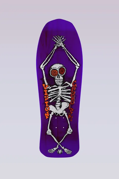 Vision Street Wear Groholski Skeleton - Modern Concave - Purple Stain skateboard deck: Old-school shaped deck with a white skeleton, arms raised above its head and legs crossed, with spiral orange eyes. Vision and the rider name run vertically in orange lettering, on a purple stain.