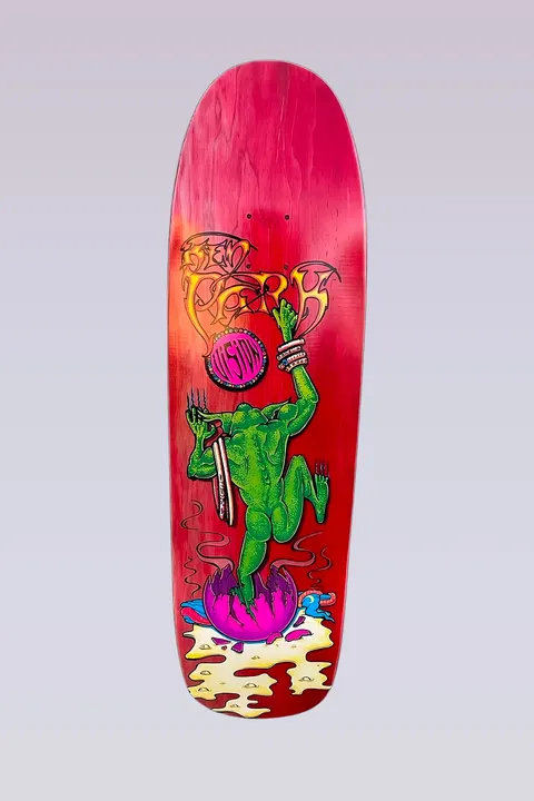 Vision Street Wear Ken Parks - Modern Shaped - Red Stain skateboard deck: Red-stained old-school shaped deck with a green frog-like creature leaping from a cracked pink egg, a spear in one hand and a bound wrist raised. Ornate psychedelic rider name above a pink Vision logo disc.