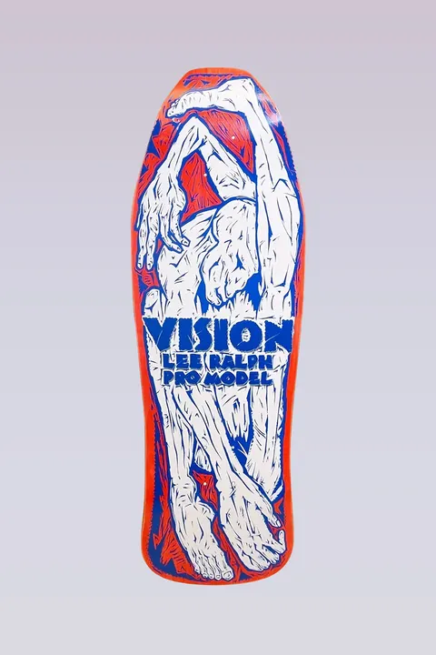 Vision Street Wear Lee Ralph - Modern Concave - Red Stain/White skateboard deck: Woodcut-style illustration of tangled white human limbs, hands and feet on a red ground with blue shading, with the Vision Lee Ralph Pro Model logo in blue block lettering across the middle. Old-school shape.