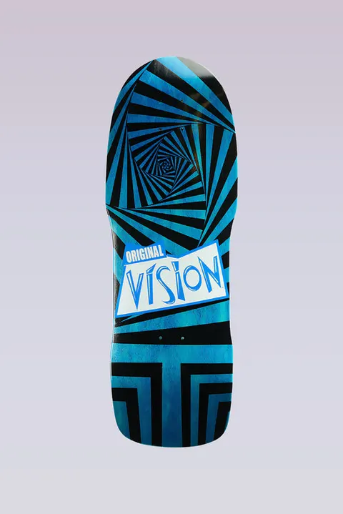 Vision Street Wear Original Modern Concave - Blue Stain skateboard deck: Op-art design of black and blue radiating wedges spiralling into a tunnel, with a white tilted label reading Original Vision across the middle and nested square lines on the tail.