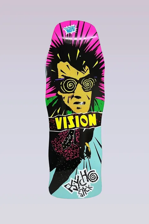 Vision Street Wear Psycho Stick - Modern Concave - Turquoise skateboard deck: Old-school shaped deck showing a wild-haired man with spiral glasses on a pink burst background, with a torn banner reading Vision and a black gloved hand below. Psycho Stick logo at the bottom on turquoise.
