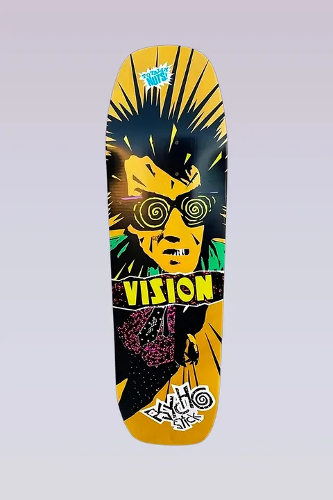 Vision Street Wear Psycho Stick - Modern Shaped - Yellow skateboard deck: Spiky-haired figure with spiral hypnotised eyes and a clenched grin, in black, green and yellow, with 'VISION' torn across the neck and a pink speckled body below. Burst lines behind, a 'Totally Nuts' sticker at the top and a Psycho Stick label at the tail.