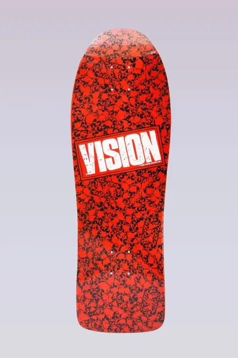 Vision Street Wear Punk Skull - Modern Concave - Red/White skateboard deck: Old-school shaped deck covered in a dense repeating pattern of skulls in red and black, with a white distressed 'Vision' logo box across the middle.