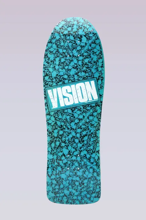 Vision Street Wear Punk Skull - Modern Concave - Turquoise/Wh skateboard deck: Old-school shaped deck covered in a repeating black skull pattern on turquoise, with a large white distressed VISION logo in a rectangle across the middle.