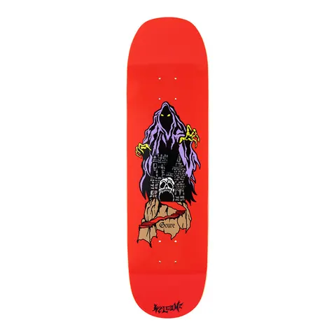 Welcome Aaron Goure Castle on Moontrimmer 2.0 - Red - 8.5 skateboard deck: Hooded purple spectre with glowing yellow eyes and clawed hands looms over a dark stone castle and a skull on a rocky crag with a red staircase. The rider name is on a scroll, with the Welcome logo at the tail.