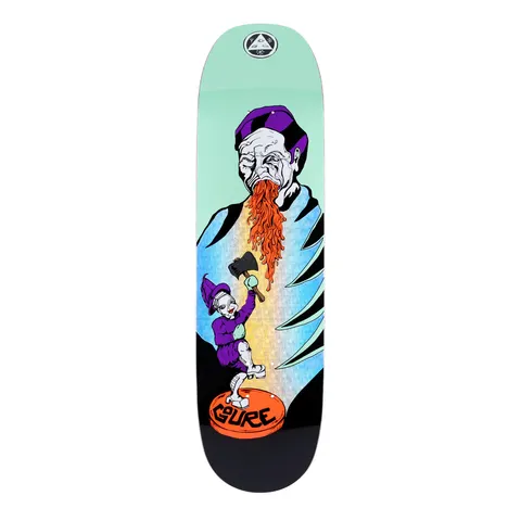 Welcome Aaron Goure Divorced Jim on Moontrimmer 2.0 - Mint/Glitter Foil - 8.5 skateboard deck: Illustration of a grim old man in a purple checked cap breathing out an orange spaghetti-like beard over a holographic glitter cape, with a small gnome in a purple hat swinging an axe below. Rider name on an orange disc.