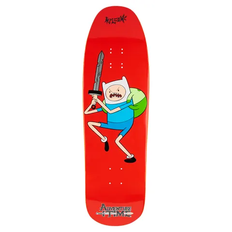 Welcome ADVENTURE TIME X WELCOME - Finn on Gaia skateboard deck: Finn the Human, in a white hat and blue outfit with a green backpack, leaps with a grey sword raised and an angry shout on a bright red shaped deck. Welcome lettering is at the nose and Adventure Time at the tail.