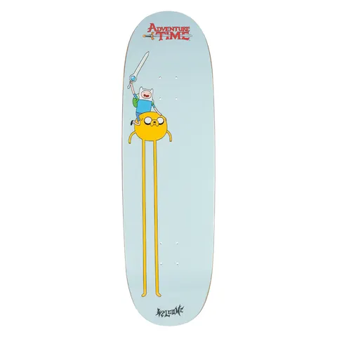 Welcome ADVENTURE TIME X WELCOME - Heroes on Boline 2.0 skateboard deck: Finn raises a sword while riding on top of Jake the dog, whose long yellow legs stretch down the deck, on a pale blue background with the Adventure Time logo at the nose and Welcome at the tail.