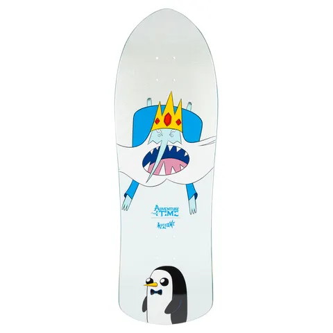 Welcome ADVENTURE TIME X WELCOME - Ice King on Crossbone skateboard deck: A cartoon Ice King with a gold crown and open shark-toothed mouth hangs upside down on a white, glittery shaped deck, with a small penguin in a bow tie at the tail. Adventure Time and Welcome logos sit below him.