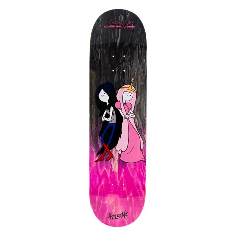 Welcome ADVENTURE TIME X WELCOME - Princess Power on Popsicle skateboard deck: Two cartoon characters stand back to back with arms folded: a dark-haired girl in red boots and a pink princess with a gold crown. Adventure Time logo at the top, on a black-to-pink faded veneer.