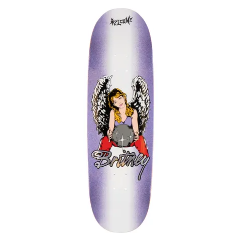 Welcome Britney Spears X Welcome - Angel on Boline 2.0 - Purple/White - LIMITED WEB EXCLUSIVE skateboard deck: Illustration of a winged woman with blonde hair and red trousers sitting and holding a sparkling mirrored ball, with chrome script lettering across the lower part. A purple spray-fade surrounds a white centre stripe, with the logo at the top.