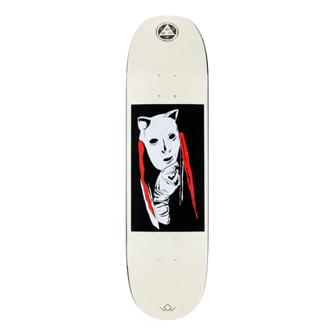 Welcome Audrey on Moontrimmer 2.0 - Black Dip/Bone - 8.5 skateboard deck: Cream deck with a black panel showing a white cat-eared mask and a bandaged hand held to the chin, with red streaks beside it. Welcome triangle emblem at the nose and a small logo at the tail.