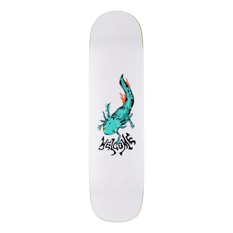 Welcome Axlotl on Bunyip - White - 8.0 skateboard deck: A turquoise axolotl with black markings and orange flame-like gills swims down a white deck, with the wobbly black Welcome wordmark beneath it.