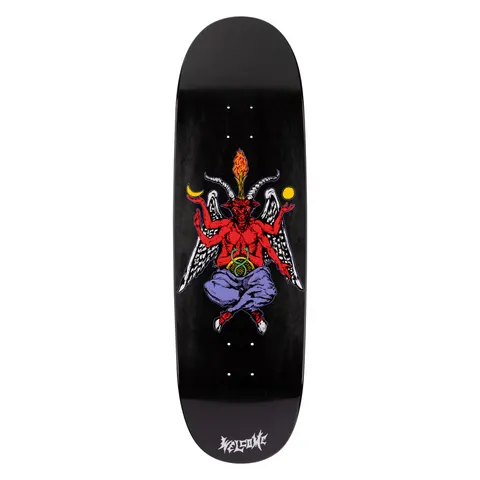 Welcome Bapholit on Boline 2.0 - Black - 9.5 skateboard deck: Red winged horned goat-headed figure sitting cross-legged in blue trousers and trainers, with a flaming torch between the horns, a crescent moon and a sun in each hand, on a black deck with Welcome logo at the bottom.