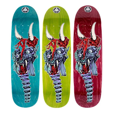 Welcome Beauty on Atheme - Various Stains - 8.8 skateboard deck: Three decks in teal, lime and burgundy stains show a purple fanged beast head with a bulging eye, a red rose and long white horns, with a small red figure climbing its horn. The neck is a stacked spring-like column spelling the brand name.