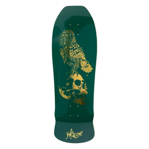 Welcome Bird Brain on Early Grab - Emerald/ Gold Foil - 10 skateboard deck: Gold foil engraving of an owl perched on a weathered human skull, on a dark emerald green old-school shaped deck. Gold Welcome logo at the tail.