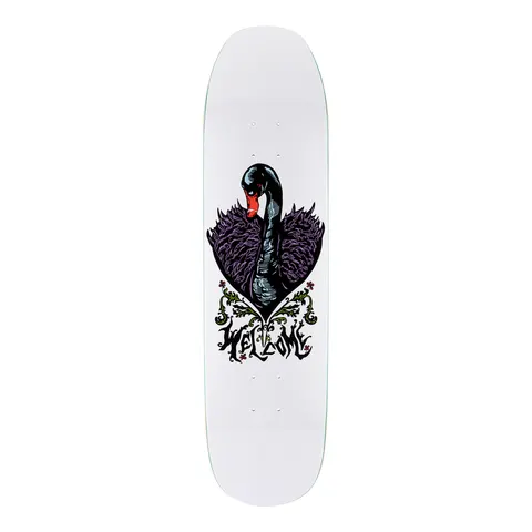 Welcome Black Swan on Son of Moontrimmer - White - 8.25 skateboard deck: A black swan with an orange-red beak rises from a heart-shaped nest of purple feathers on a white deck, with green and red floral scrollwork and gothic-style Welcome lettering below.
