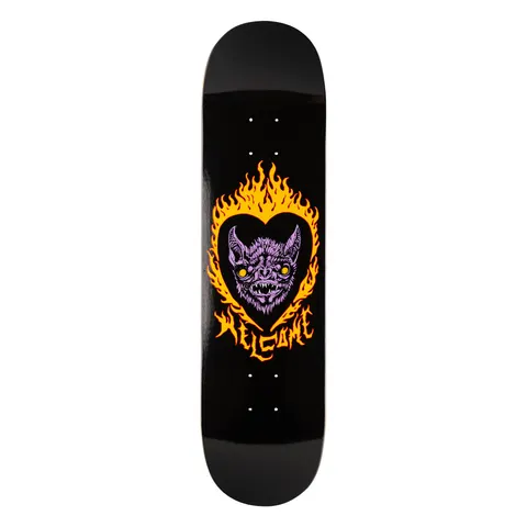 Welcome Blood Sucker on Popsicle - Black - 8.0 skateboard deck: Purple vampire bat face with yellow eyes and fangs inside a black heart, ringed by orange and yellow flames, on a black deck. Flaming Welcome lettering sits below the heart.