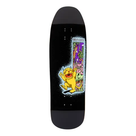 Welcome Brian Lotti skateboard deck: A yellow horned monster with a wide red mouth and raised claws leaps in front of a tall panel showing a purple-and-green jungle scene. A speckled white glow surrounds the figure on a black shaped deck, with the rider's name at the top of the panel.