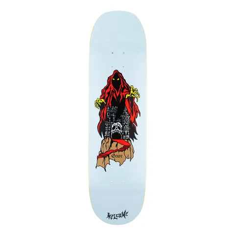 Welcome Aaron Goure Castle on Moontrimmer 2.0 - Baby Blue - 8.5 skateboard deck: Red-hooded reaper with yellow claws and glowing eyes looms over a grey stone castle, a white skull at its gate and a red staircase winding down a brown rocky crag, on a pale blue deck.
