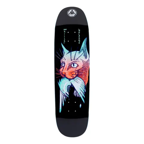 Welcome Chris Miller Cat Gets Bird on Catblood 2.0 - Black - 8.75 skateboard deck: Orange-and-lilac drawn cat's head with a pale blue bird in its mouth on a black deck, with a Welcome triangle emblem at the nose and vertical 'Chris Miller' and 'Welcome' lettering.
