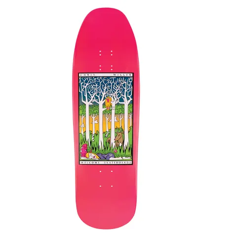 Welcome Chris Miller Love is Essential on Gaia - Hot Pink Dip skateboard deck: Framed woodland scene with white tree trunks, a stag in the grass and a bird in a tree, with a small figure lying asleep in the foreground. Maze-like lettering across the sky; rider name and Welcome Skateboards in the border, on a hot pink old-school shape.