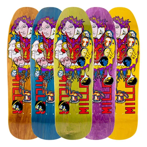 Welcome Chris Miller Miller Collage on Gaia - Various Stains - 9.6 skateboard deck: Shaped deck shown in five stain colours, with a colourful collage of stacked faces, a red wolf-like head, flames and a hand holding a spoon, with MILLER in red block letters down the side and COME text at the top.