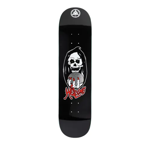Welcome Clairvoyant on Evil Twin 800 - Black - 8.0 skateboard deck: Black deck with a hooded skull fortune teller holding a silver crystal ball in clawed hands with red nails, with a red scrawled Welcome logo below and a round triangle-eye badge at the nose.