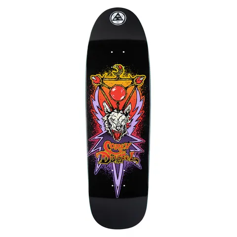 Welcome Corey Duffel Guest Board on Blixa - Black - 9.25 skateboard deck: Snarling white wolf head with a red orb and serpent-topped staff above it, set inside a purple star burst on a black shaped deck. Rider name in gold fantasy lettering across the lower part; Welcome logo at the nose.