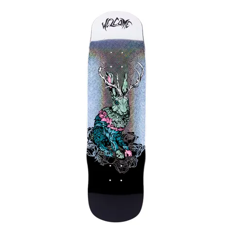 Welcome Daniel Vargas Thumper on Effigy - Black/Glitter Foil - 8.8 skateboard deck: Antlered jackalope in a teal and pink fur collar sits among roses on a shaped deck, with a holographic glitter foil top and a black base. The Welcome logo is at the nose.