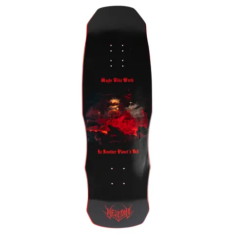 Welcome Depths on Dark Lord - Red Dip skateboard deck: Shaped black deck with a dark, moody painting of a glowing red volcanic landscape, with a gothic red verse above and below it and a spiky red Welcome logo at the tail.