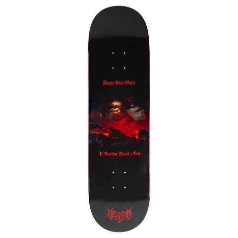 Welcome Depths on Popsicle - Red Dip skateboard deck: Black deck with a dark painting of a glowing red volcanic landscape, with a gothic red verse above and below it and a spiky red Welcome logo near the tail.