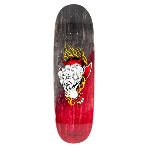 Welcome Diablo on Boline 2.0 - Black/Red Stain skateboard deck: Shaped deck with a black-to-red stain, showing a red-horned devil with a white face and two overlapping faces, a hand at its chin, and yellow and red flames. Script logo at the tail.