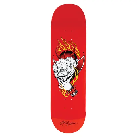 Welcome Diablo on Popsicle - Red Dip - 8.75 skateboard deck: Tattoo-style illustration of a pale devil with horns and a pointed moustache resting his chin on a spiked-bracelet hand, framed by yellow and orange flames, on a solid red deck. Script brand name near the tail.