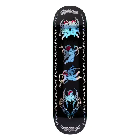 Welcome Evan Mock Cherubs on Island - Black/Prism Foil - 8.38 skateboard deck: Four iridescent foil cherubs with red hair and halos, two with bows and arrows, stacked down a black deck inside tribal-style ornaments and a border of spiked stars. Welcome script at the top and rider signature at the bottom.