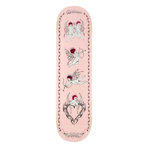 Welcome Evan Mock Cherubs on Island - Light Pink - 8.38 skateboard deck: Four stacked cherub illustrations with red hair, wings and halos, some with bows and arrows, one resting inside a tribal heart, between columns of small stars on a light pink deck. Chrome-style Welcome and Mock lettering.