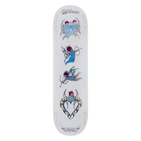 Welcome Evan Mock Cherubs on Island - White/Prism Foil - 8.38 skateboard deck: White deck with four holographic silver and blue cherubs with pink hair: twin cherubs at the top, two archers in tribal-style wings, and one resting in a barbed heart. Sparkle borders run down both edges.