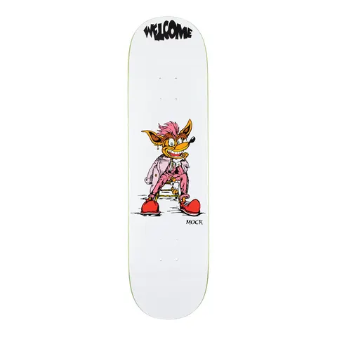 Welcome Evan Mock Crash on Island - White - 8.38 skateboard deck: Cartoon of a snarling pink-mohawked fox-like punk in a pink suit and big red shoes, seated on a small stool on a white deck, with the Welcome logo in black lettering at the top.