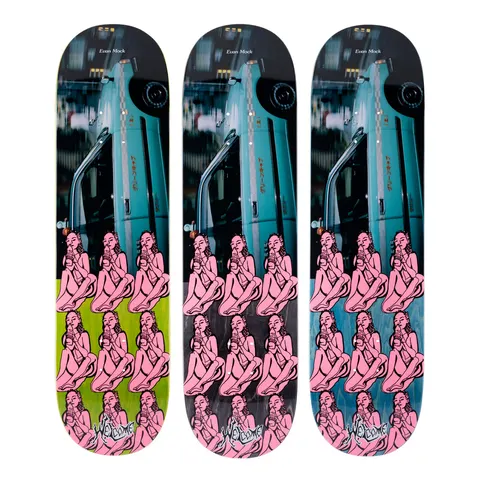Welcome Evan Mock Taxi on Island - Various Stains - 8.38 skateboard deck: Photo of a teal Japanese taxi at the top of the board over a grid of pink seated figures drinking from bottles, with Welcome script at the tail. Shown in three stain variants: green, black and blue.
