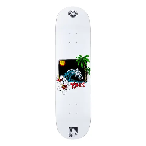 Welcome Evan Mock Wave on Island - White - 8.38 skateboard deck: A boxed illustration of a curling blue wave, palm trees, a smiling sun and white hibiscus flowers sits on a white deck, with Mock in red lettering. The Welcome sigil is at the nose and a small black-and-white photo at the tail.