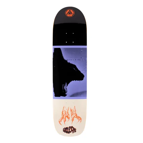 Welcome Feline on Son of Planchette - Black/Bone - 8.38 skateboard deck: Black top and bone-white bottom with a lilac panel across the middle holding a halftone silhouette of a roaring big cat in profile. Orange clawed paws and bubble-letter Welcome logo sit at the tail; an orange Welcome emblem at the nose.