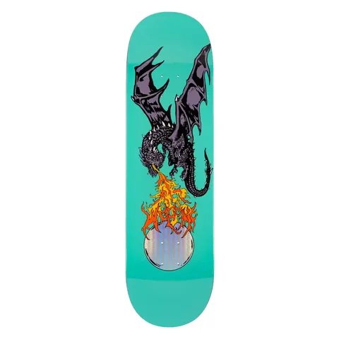 Welcome Fire Breather on Popsicle - Teal - 9.0 skateboard deck: Dark purple dragon with spread wings breathing orange flames that spell the Welcome name over a silver holographic circle, on a teal deck.