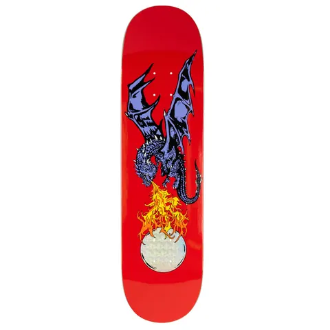 Welcome Firebreather on Popsicle - Red/Prism Foil skateboard deck: Purple dragon with spiked wings breathing yellow and orange flames over a holographic foil moon, on a glossy red deck. The Welcome name is formed in the flames.