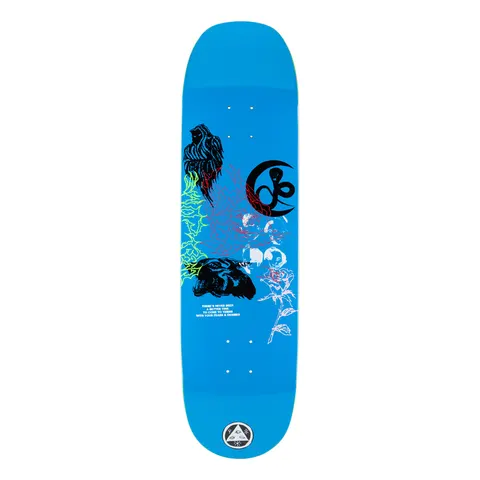 Welcome Flash on Moontrimmer 2.0 - Blue - 8.5 skateboard deck: Scattered black, red and white line-art and print images on a bright blue deck: a hooded figure, a panther head, a crescent moon with snake, a rose, and green spiky lettering. A small block of text and the Welcome triangle logo sit below.